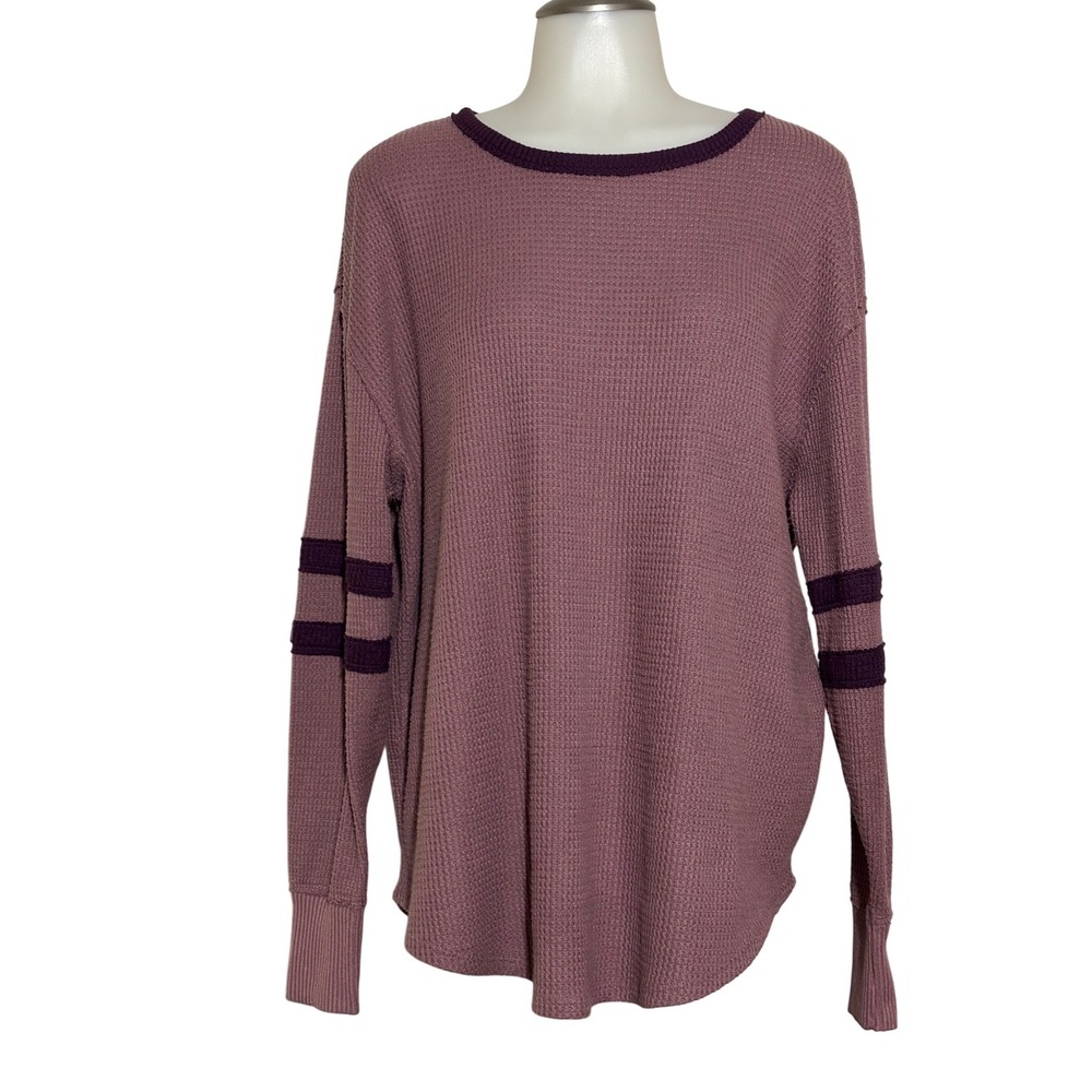 SO Waffle Knit Top Women Mauve Good Sporty Striped‎ Sleeve Thermal Relaxed Fit